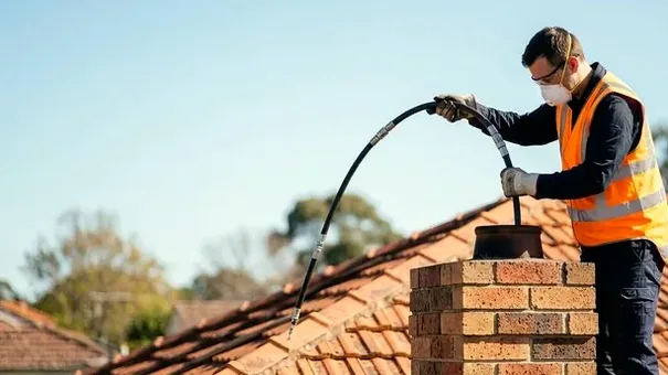 Chimney technician working on a liner on a Holly Springs roof