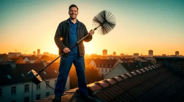 Chimney technician on a roof at sunset in Wake County