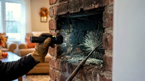 Technician checking gas logs and firebox with a flashlight in a Green Level home