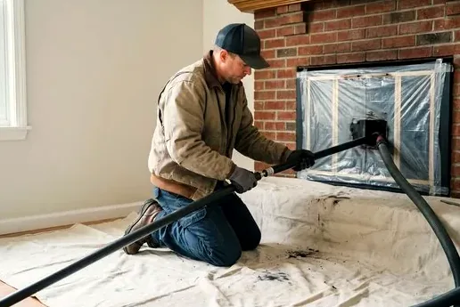Tidy chimney sweep with drop cloths in an Apex living room